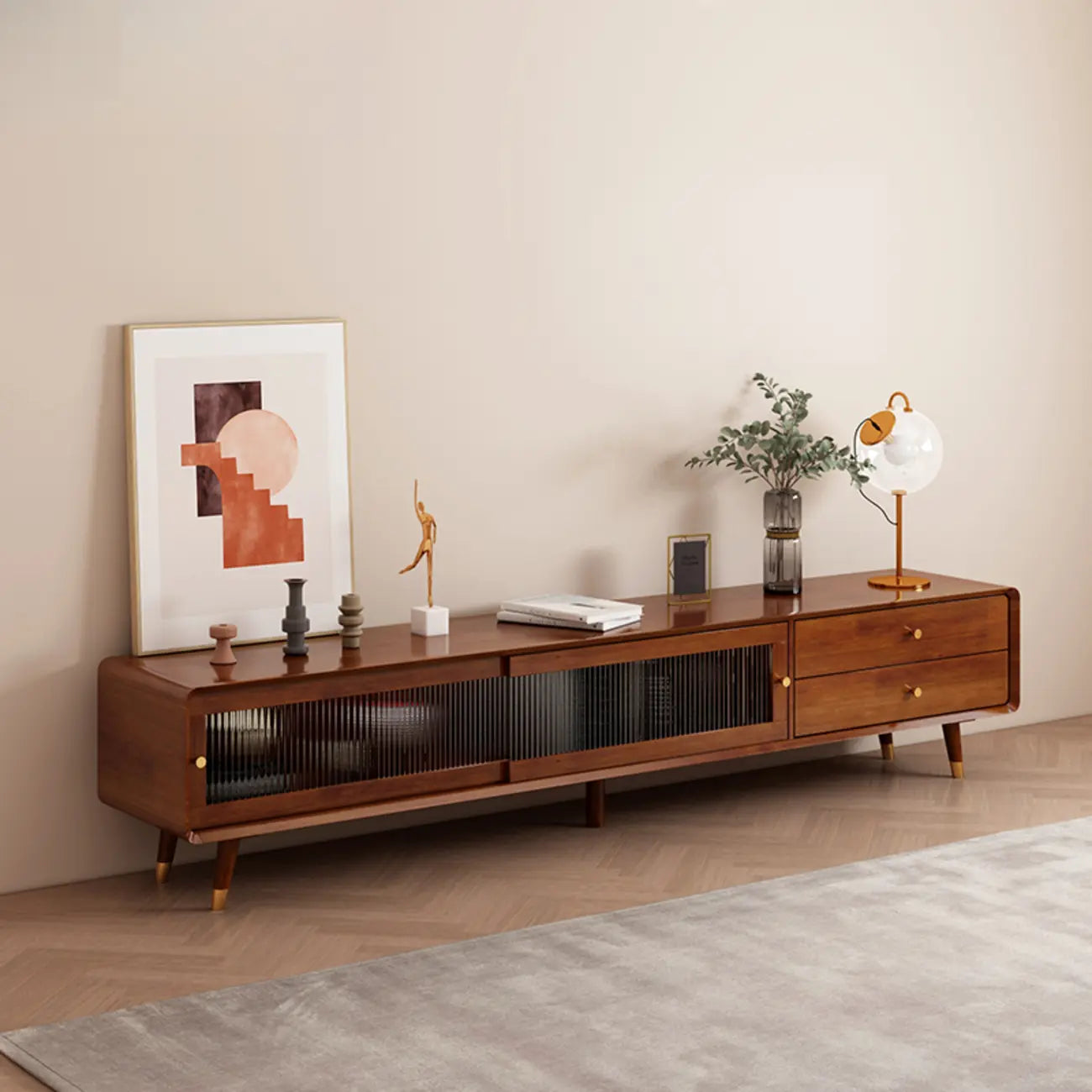 Long Brown 2-Drawer Pine Modern TV Stand with Cabinet