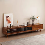 Long Brown 2-Drawer Pine Modern TV Stand with Cabinet