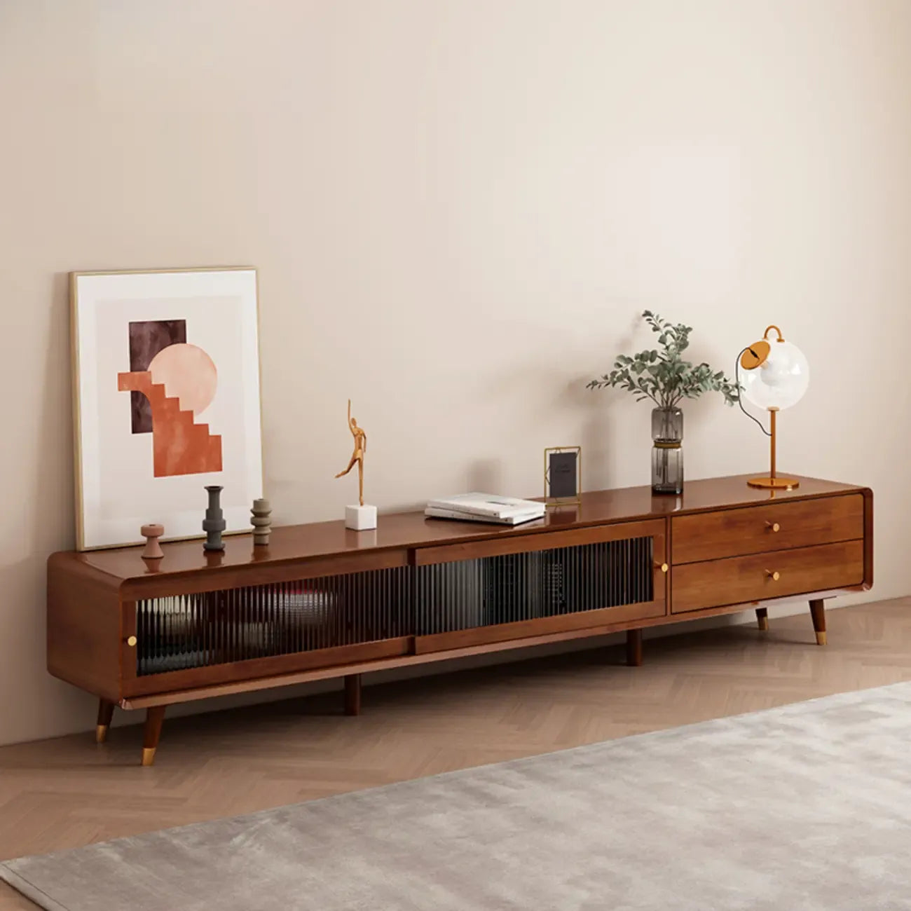 Long Brown 2-Drawer Pine Modern TV Stand with Cabinet