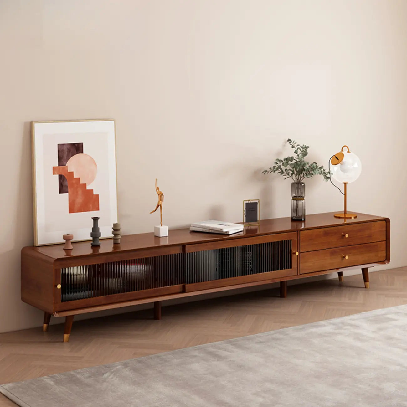 Long Brown 2-Drawer Pine Modern TV Stand with Cabinet