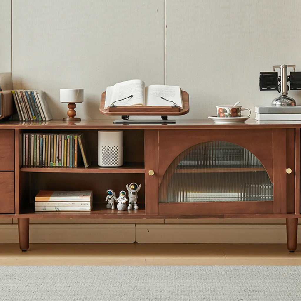 Long Brown 2-Drawer Pine Modern TV Stand with Cabinet