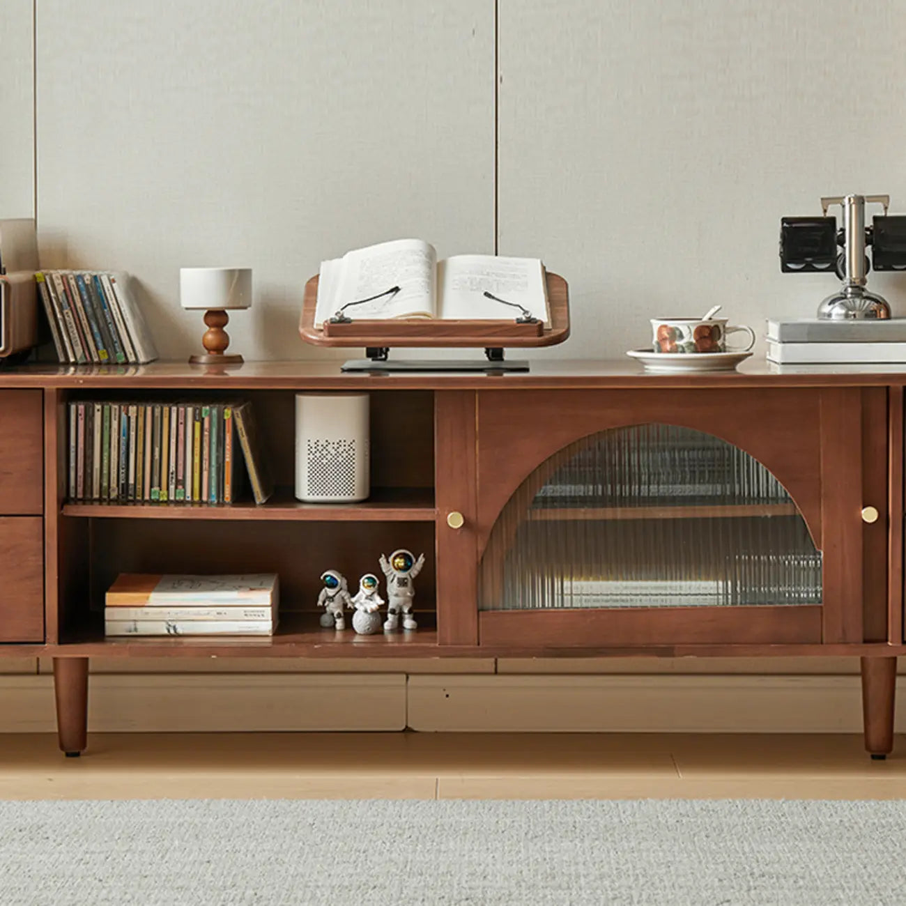Long Brown 2-Drawer Pine Modern TV Stand with Cabinet