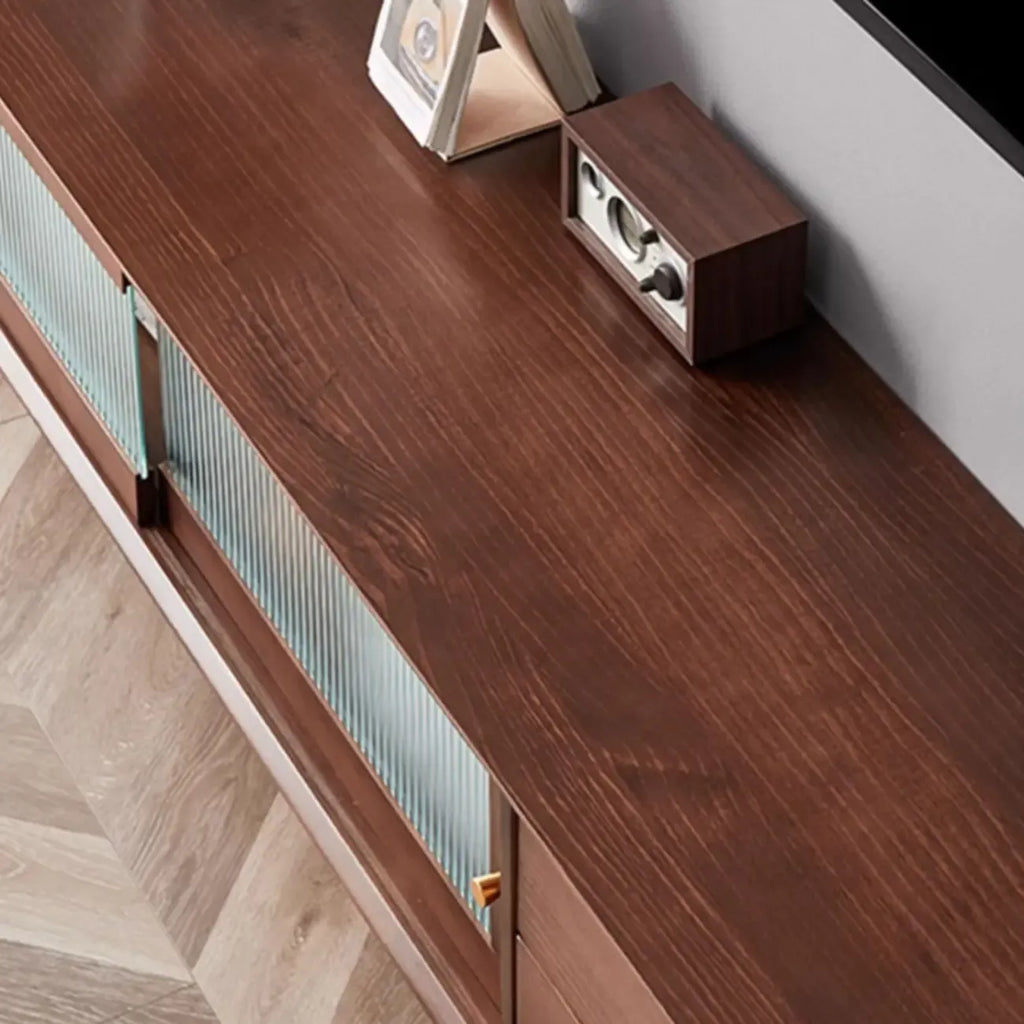 Long Brown 2-Drawer Pine Modern TV Stand with Cabinet