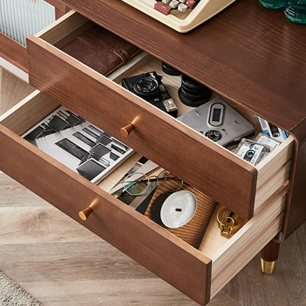 Long Brown 2-Drawer Pine Modern TV Stand with Cabinet