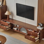 Long Brown 2-Drawer Pine Modern TV Stand with Cabinet