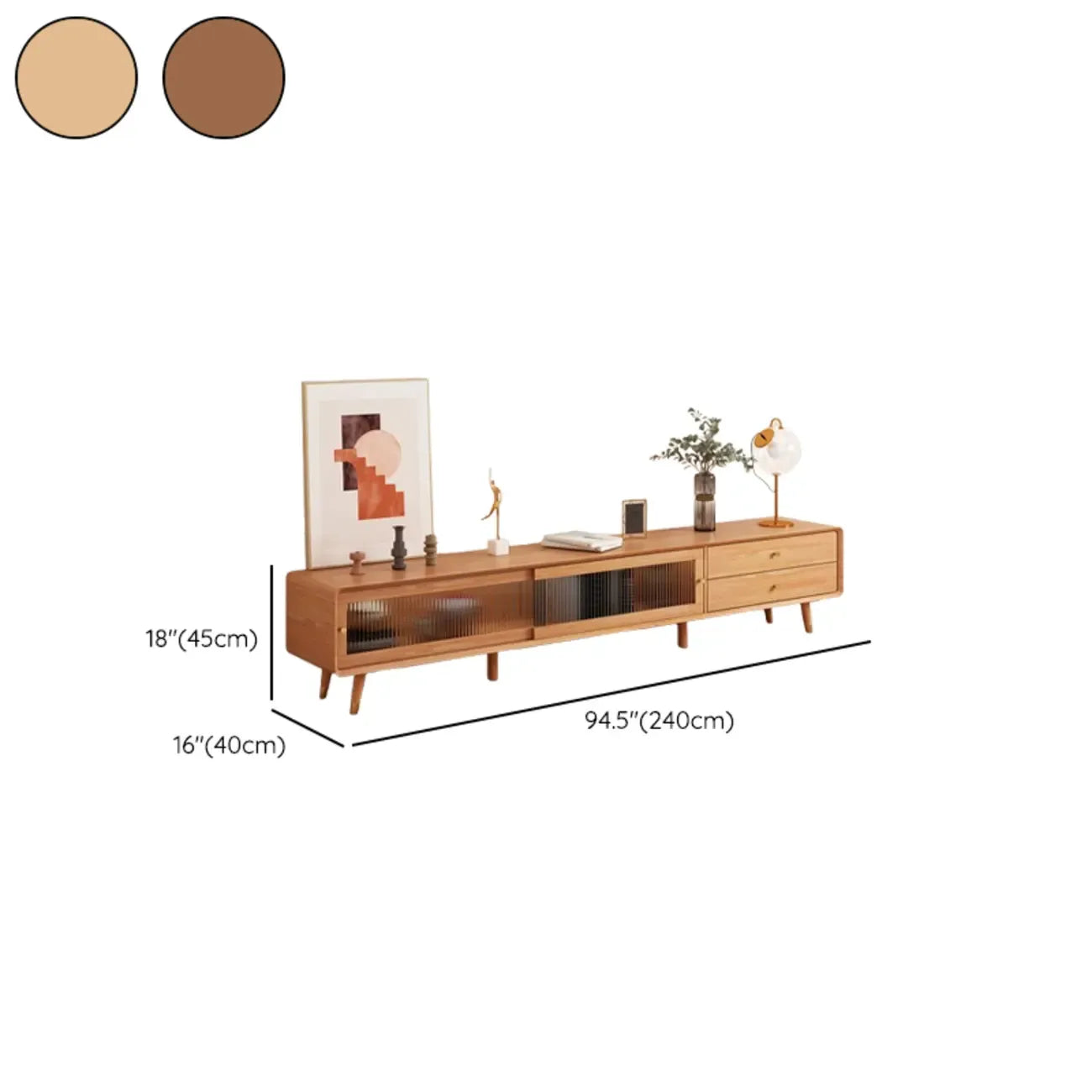 Long Brown 2-Drawer Pine Modern TV Stand with Cabinet