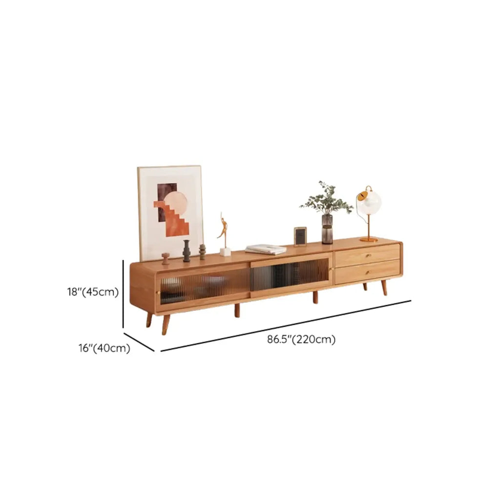 Long Brown 2-Drawer Pine Modern TV Stand with Cabinet