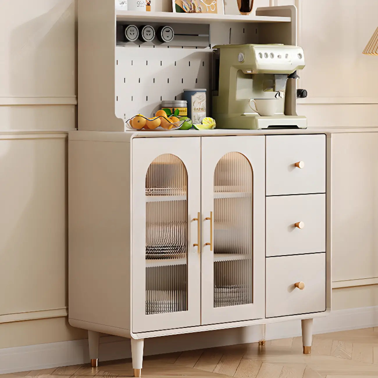 White 3-Drawer Glass Countertop Wood Sideboard