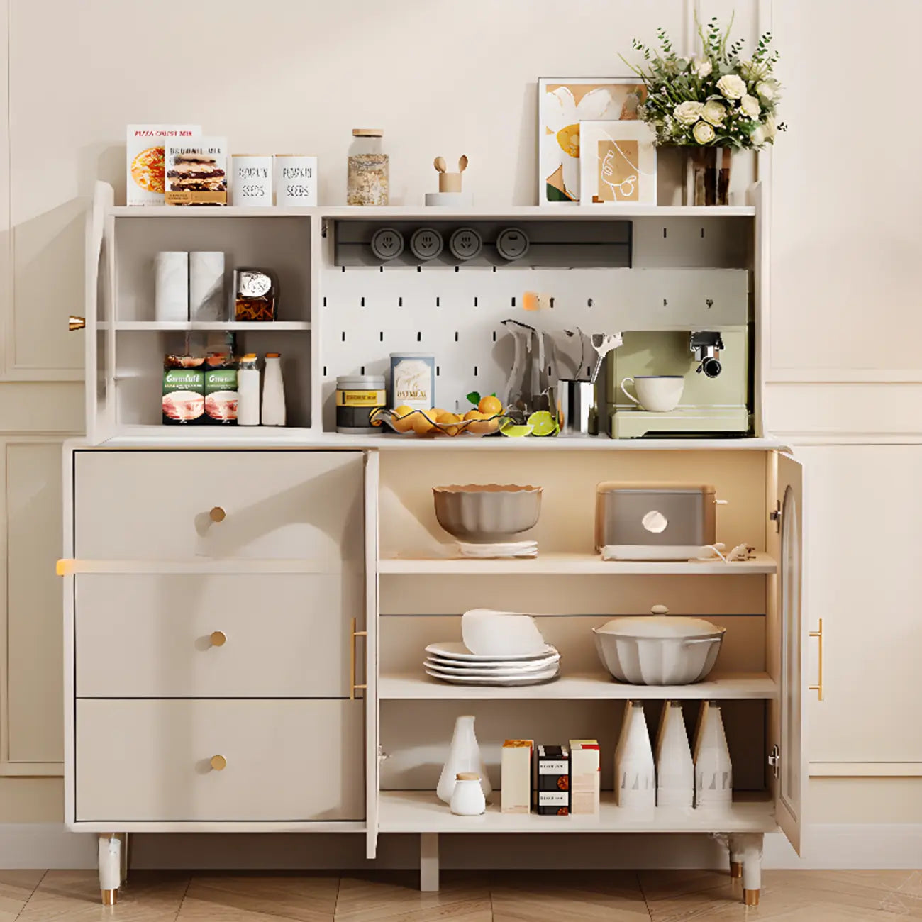 White 3-Drawer Glass Countertop Wood Sideboard