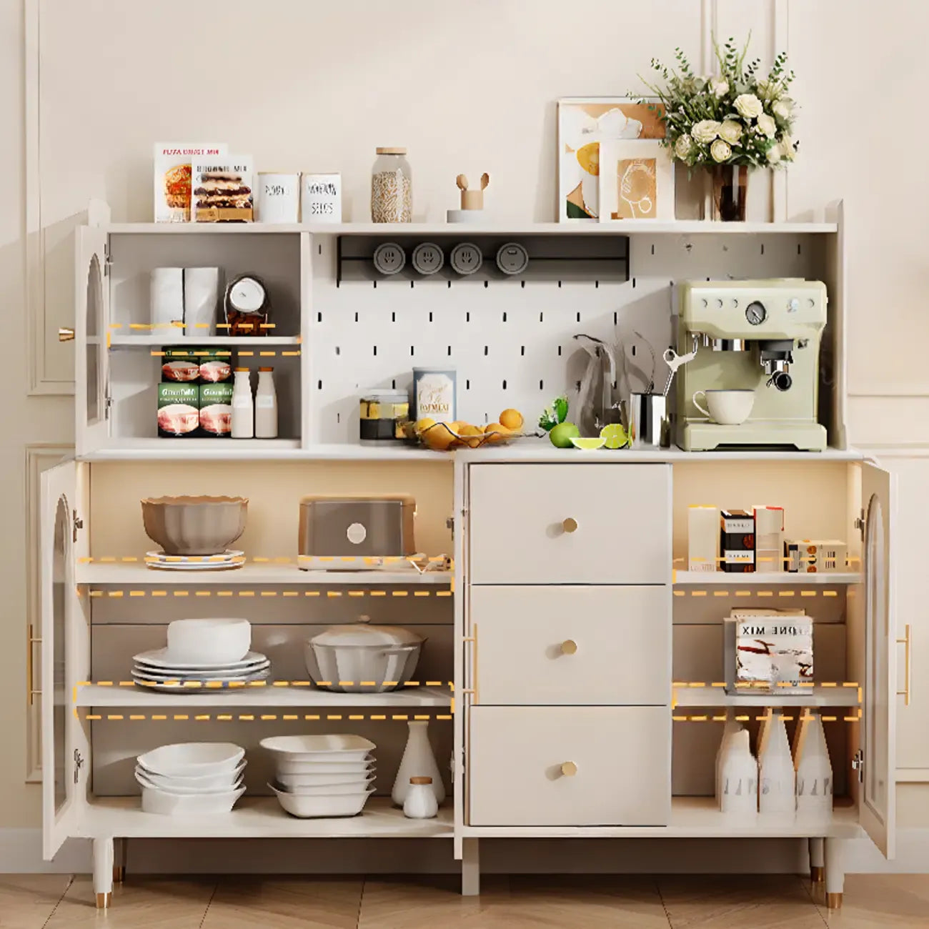 White 3-Drawer Glass Countertop Wood Sideboard