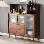 Nut-Brown Wooden 2-Drawer Glass Door Buffet Cabinet