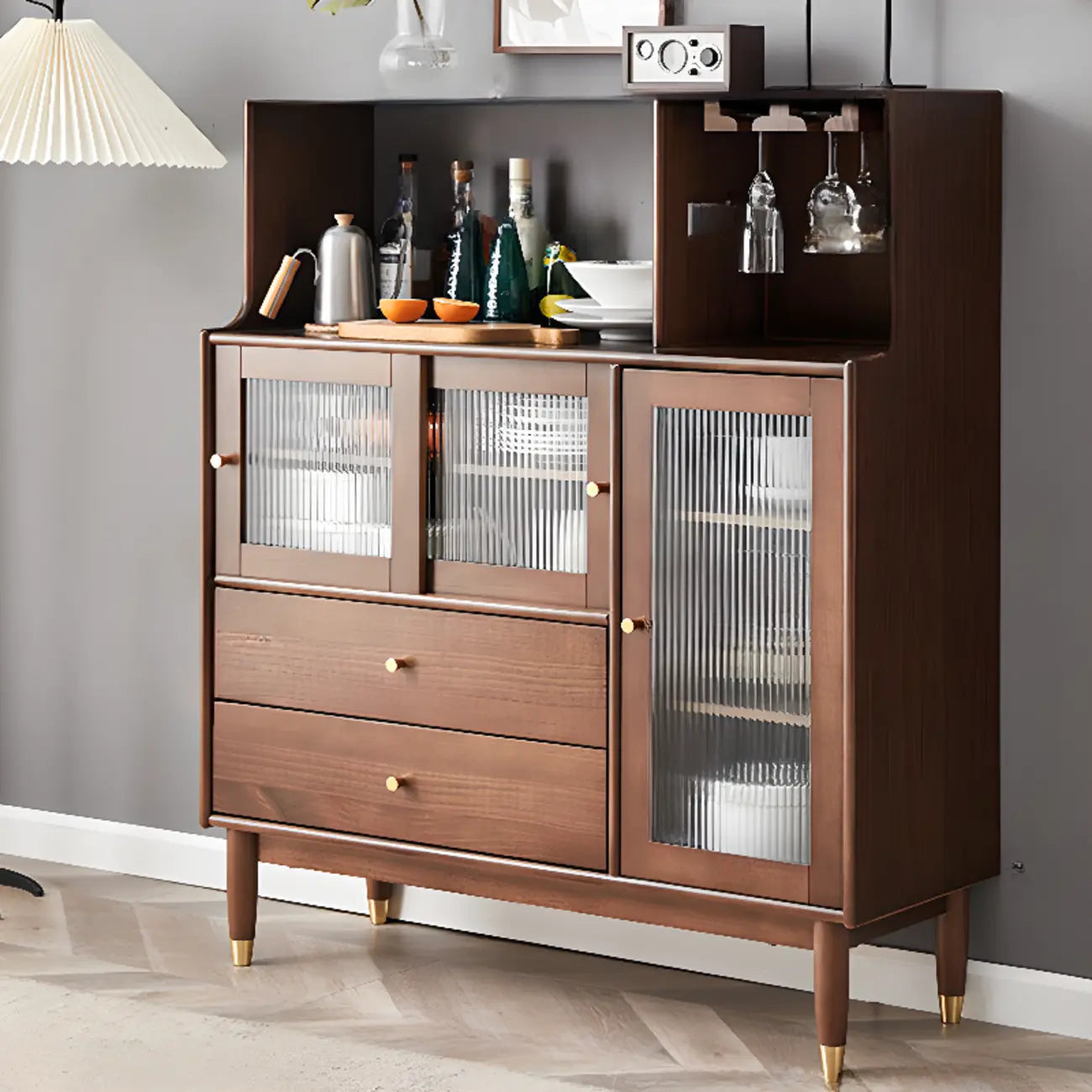 Nut-Brown Wooden 2-Drawer Glass Door Buffet Cabinet