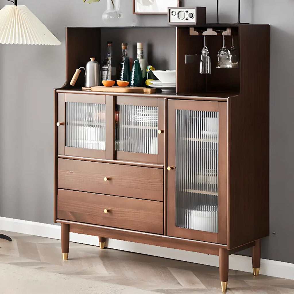 Nut-Brown Wooden 2-Drawer Glass Door Buffet Cabinet