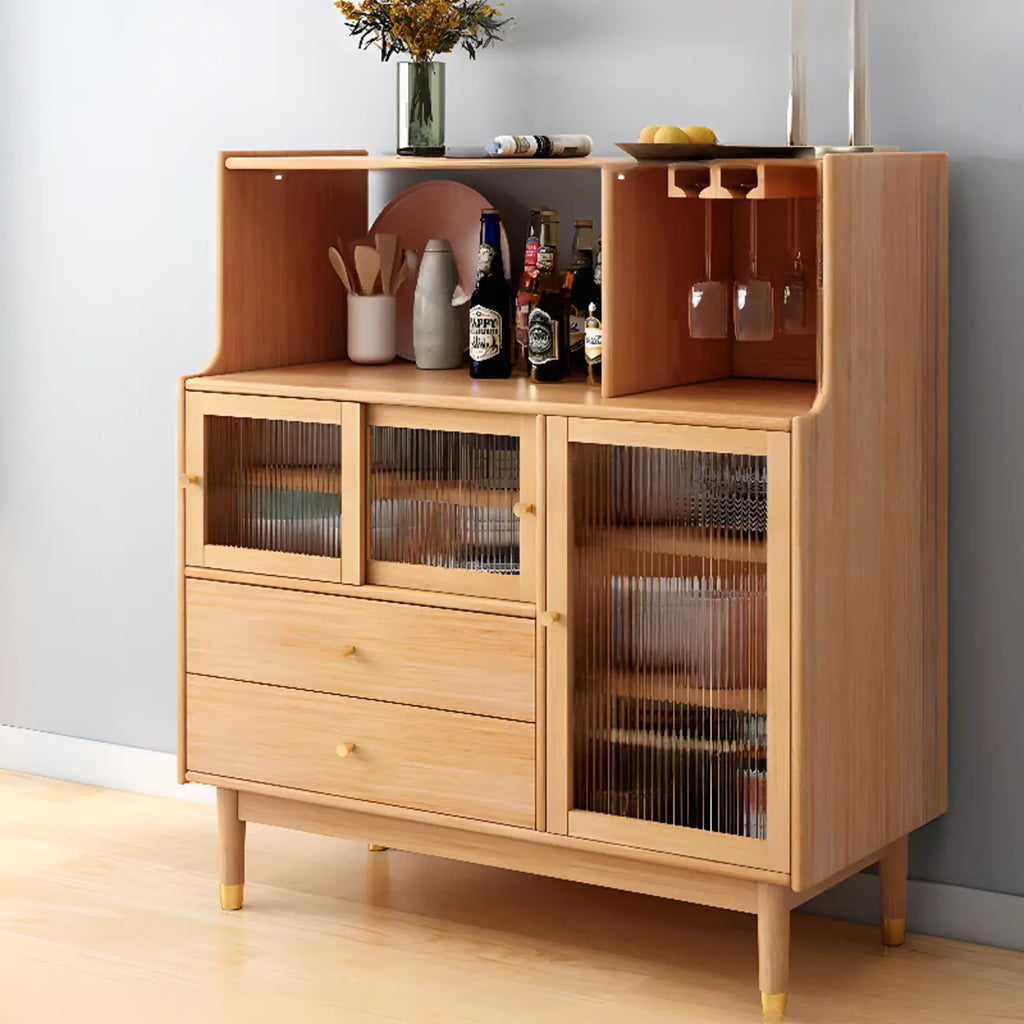 Nut-Brown Wooden 2-Drawer Glass Door Buffet Cabinet