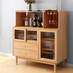 Nut-Brown Wooden 2-Drawer Glass Door Buffet Cabinet