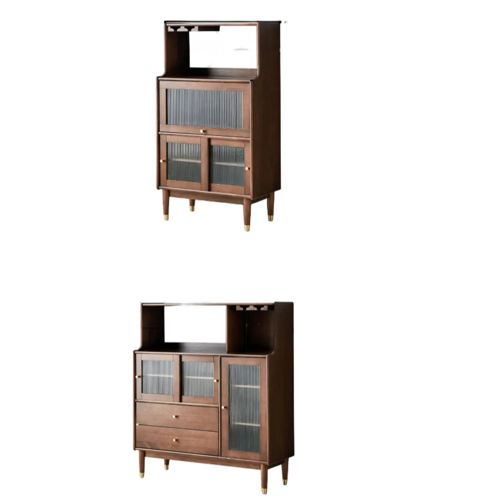 Nut-Brown Wooden 2-Drawer Glass Door Buffet Cabinet
