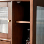Nut-Brown Wooden 2-Drawer Glass Door Buffet Cabinet