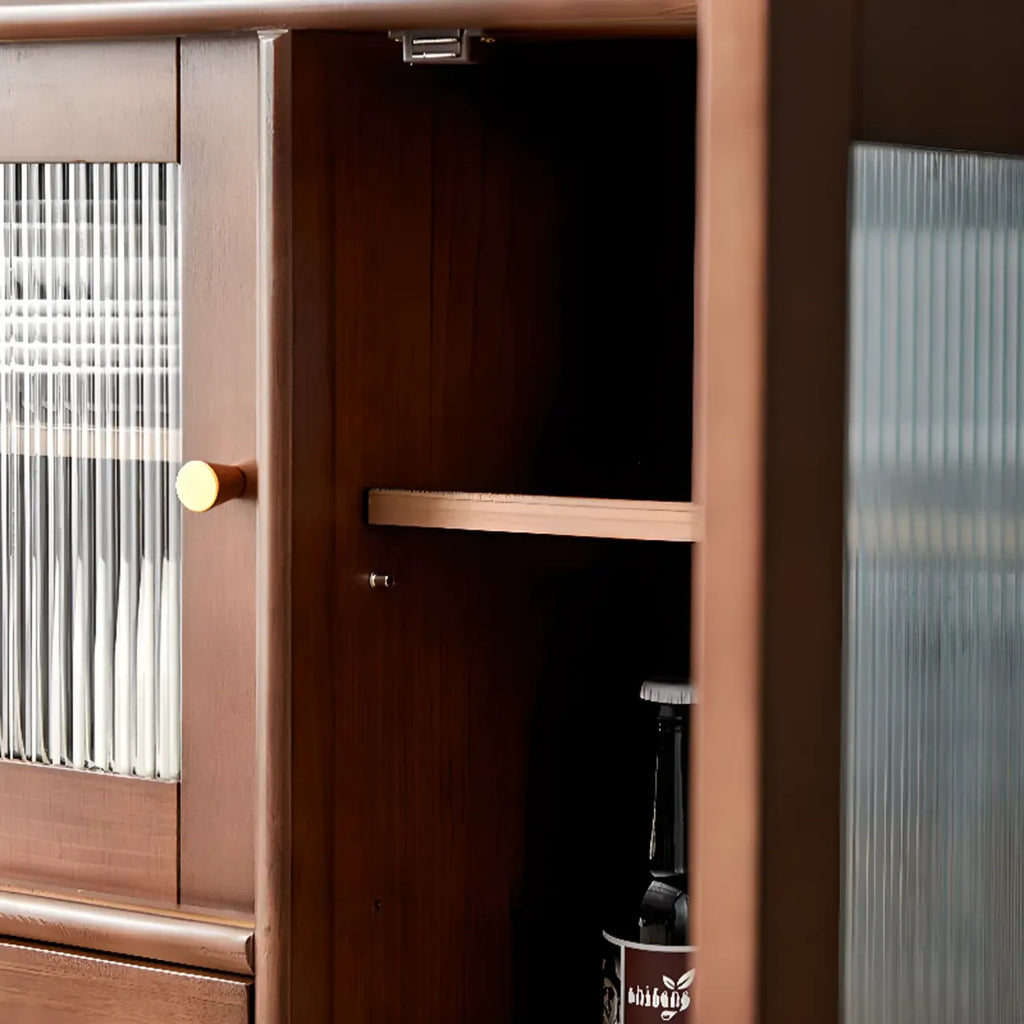 Nut-Brown Wooden 2-Drawer Glass Door Buffet Cabinet