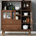 Nut-Brown Wooden 2-Drawer Glass Door Buffet Cabinet