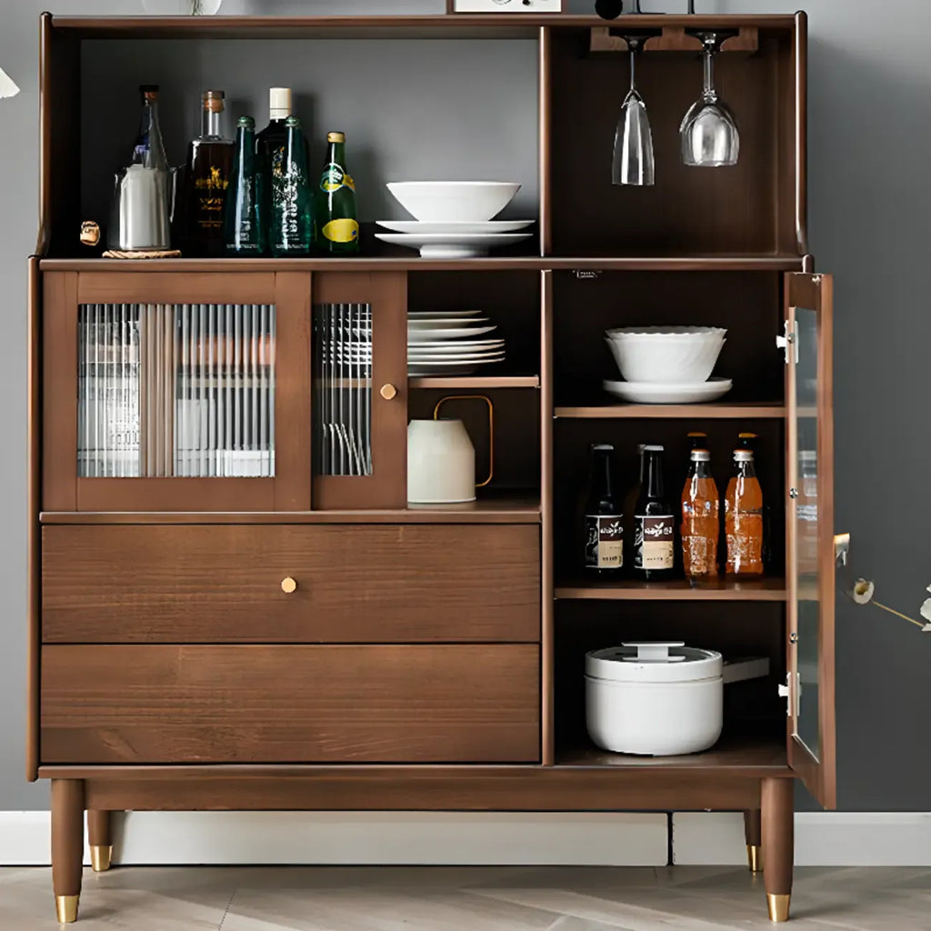 Nut-Brown Wooden 2-Drawer Glass Door Buffet Cabinet