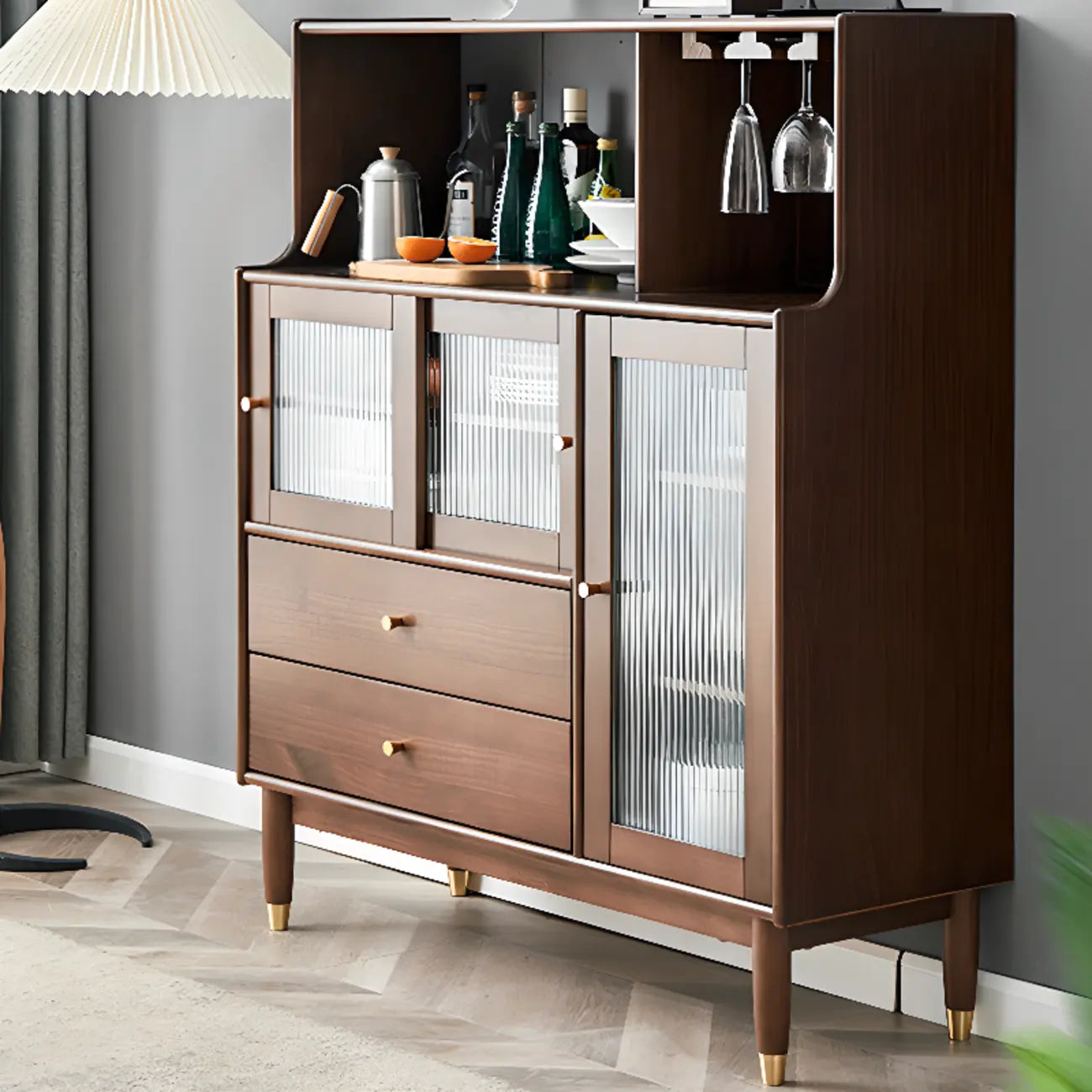 Nut-Brown Wooden 2-Drawer Glass Door Buffet Cabinet