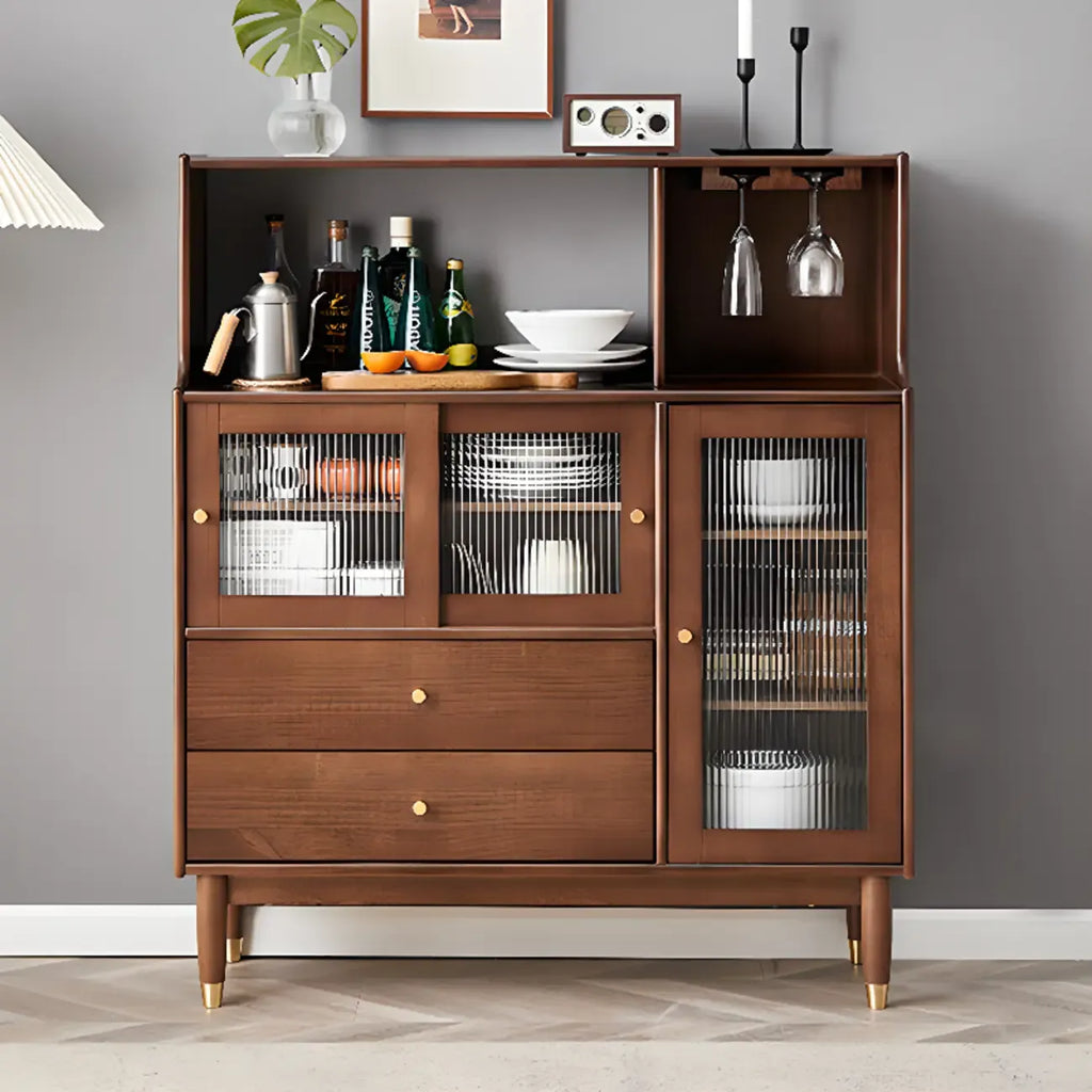 Nut-Brown Wooden 2-Drawer Glass Door Buffet Cabinet