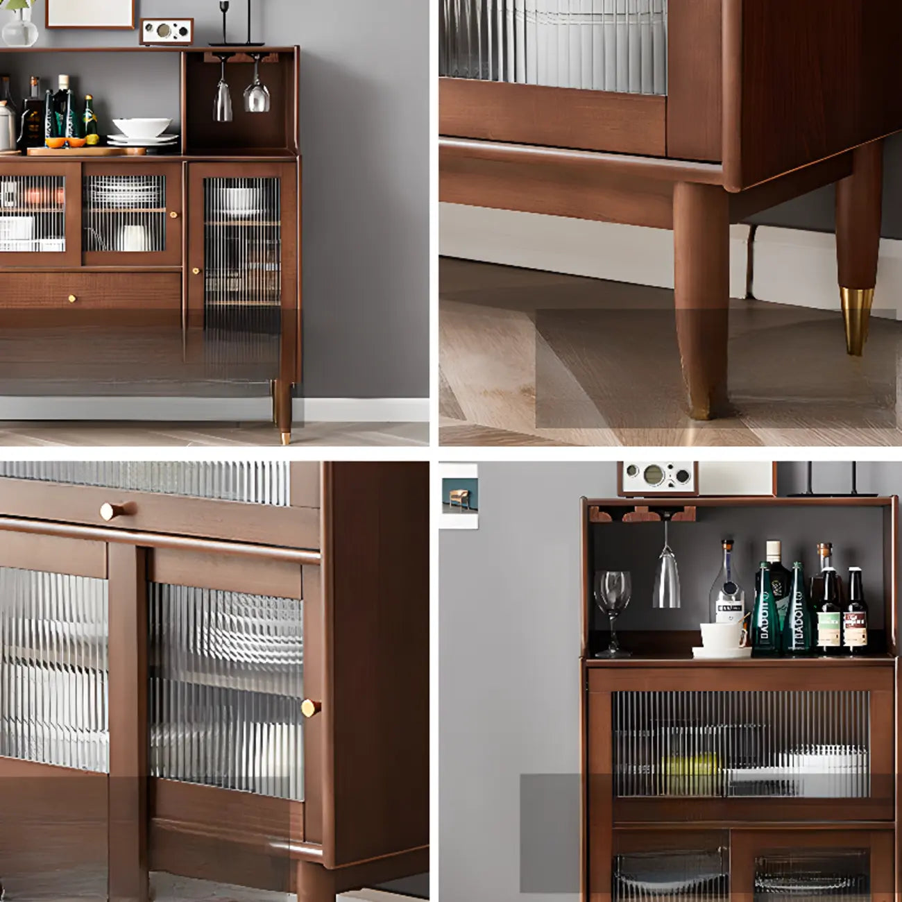 Nut-Brown Wooden 2-Drawer Glass Door Buffet Cabinet