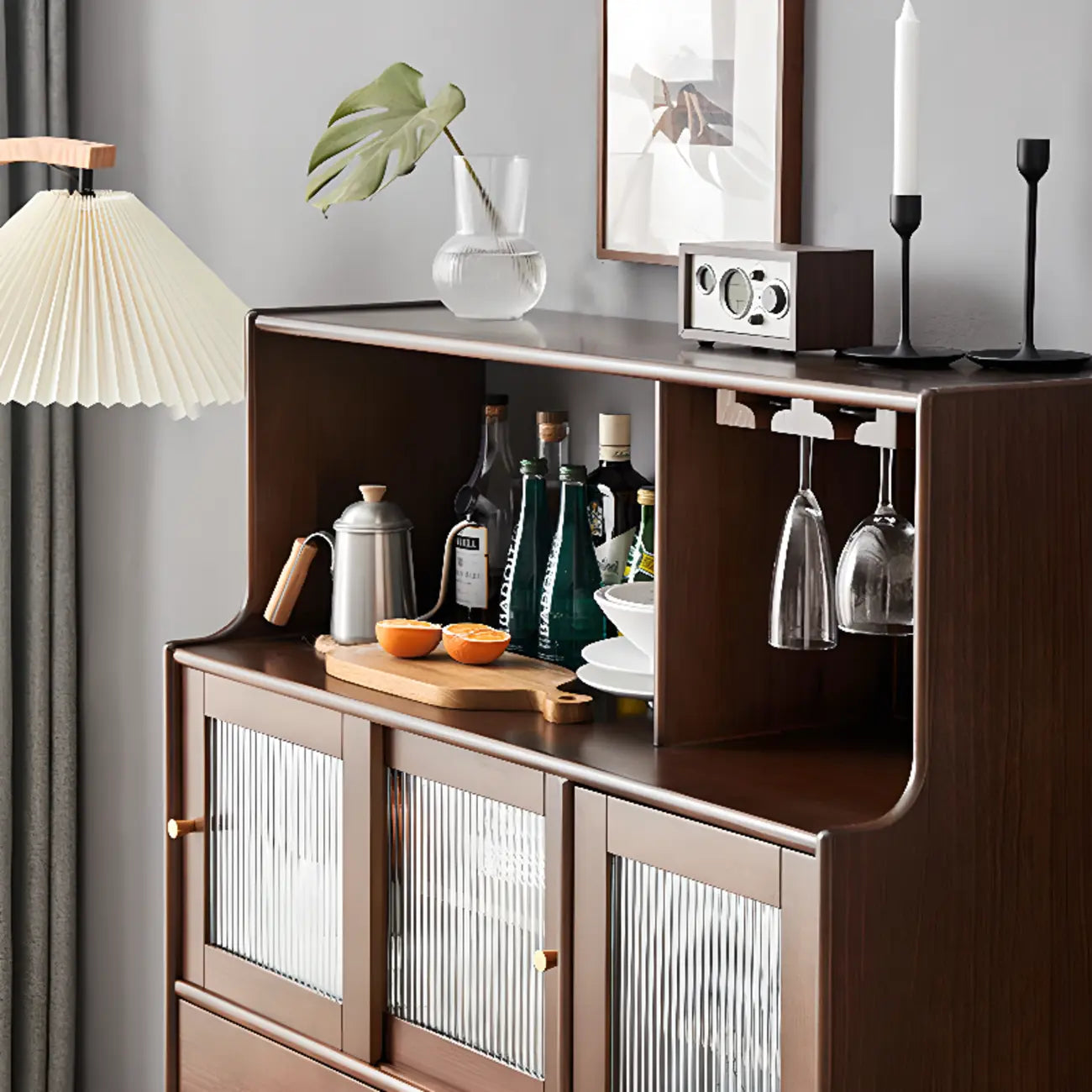 Nut-Brown Wooden 2-Drawer Glass Door Buffet Cabinet