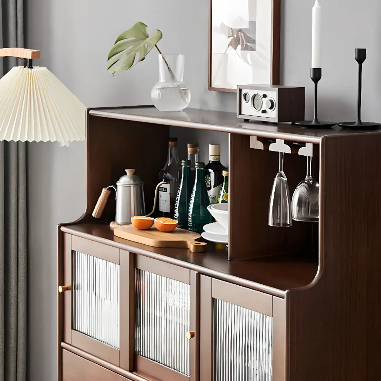 Nut-Brown Wooden 2-Drawer Glass Door Buffet Cabinet