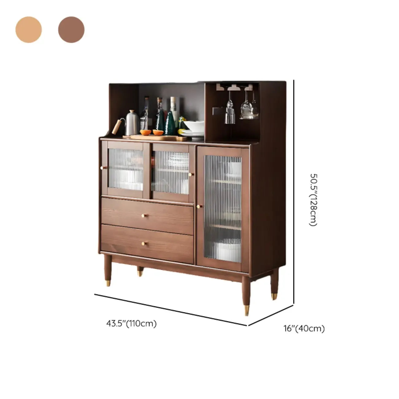 Nut-Brown Wooden 2-Drawer Glass Door Buffet Cabinet