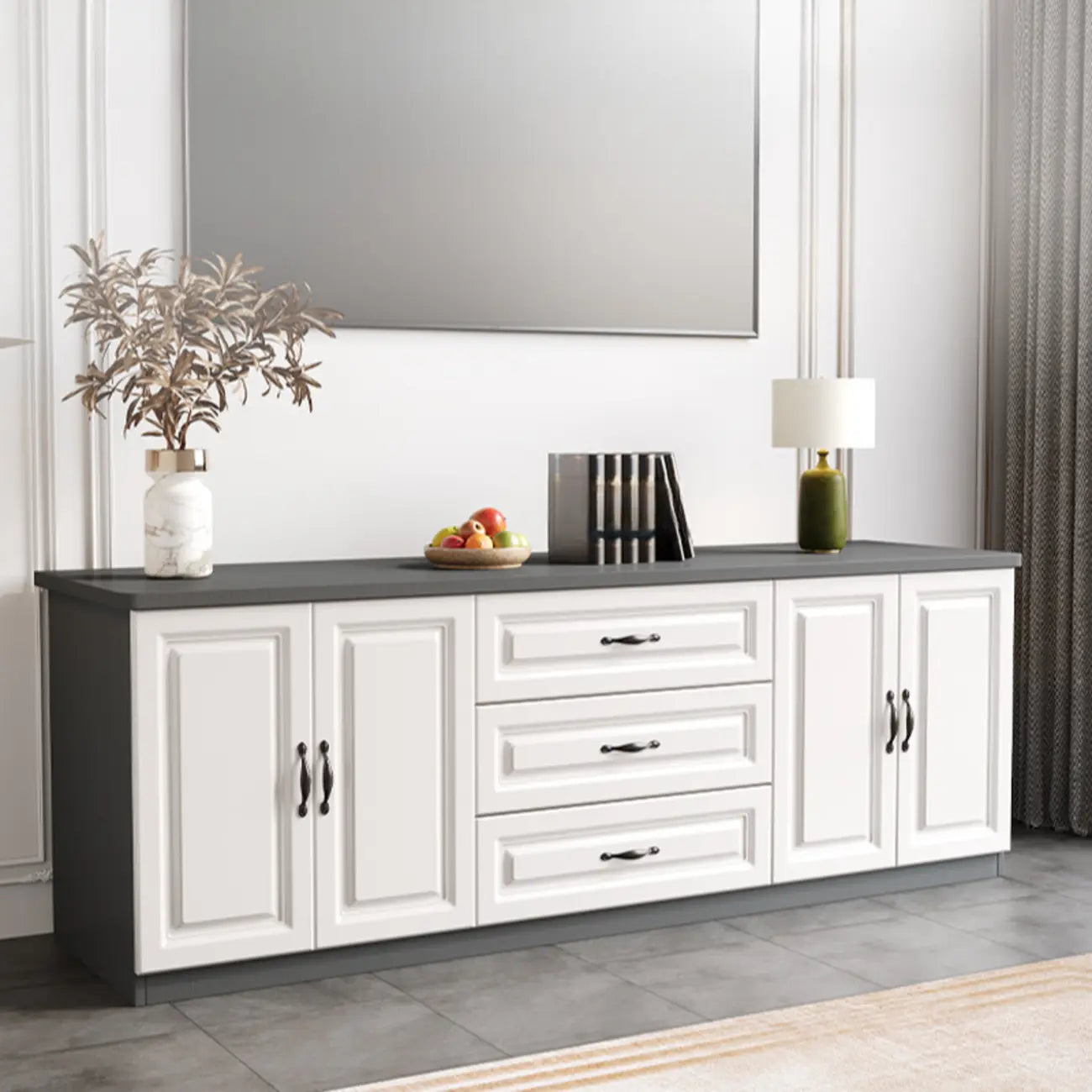 Modern Long Wood TV Stand with Cabinets