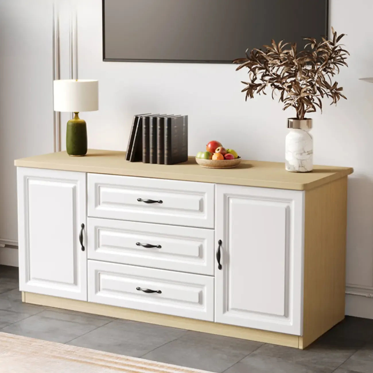 Modern Long Wood TV Stand with Cabinets