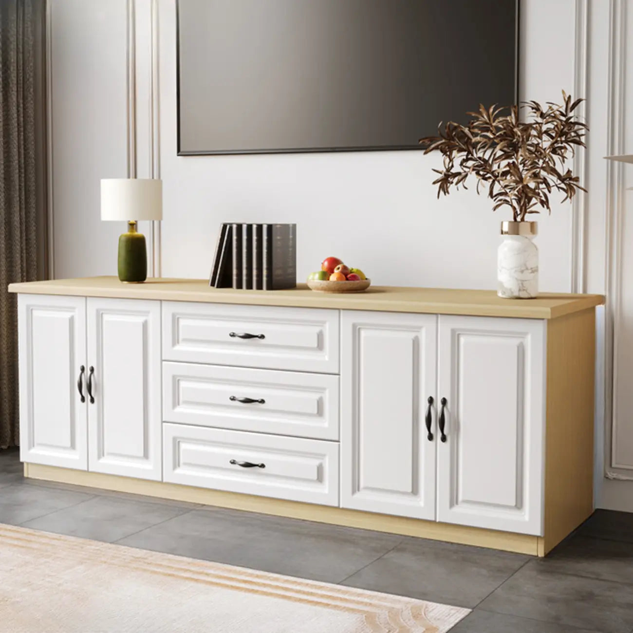 Modern Long Wood TV Stand with Cabinets