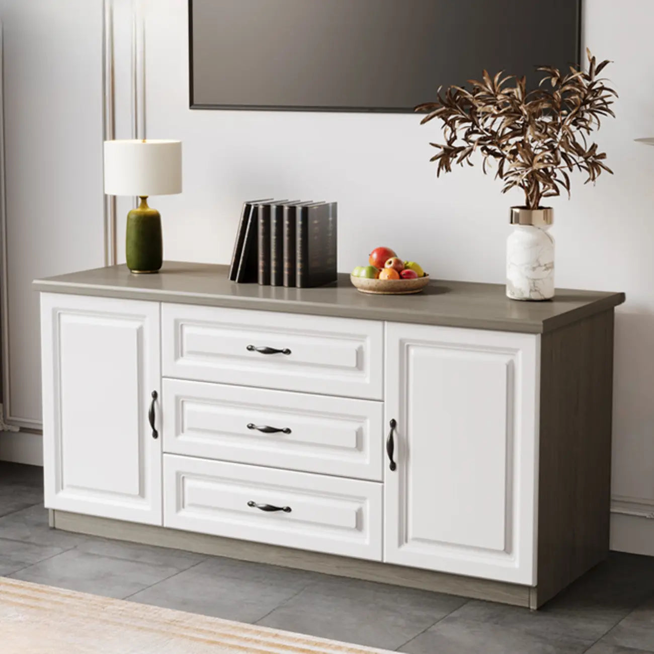 Modern Long Wood TV Stand with Cabinets