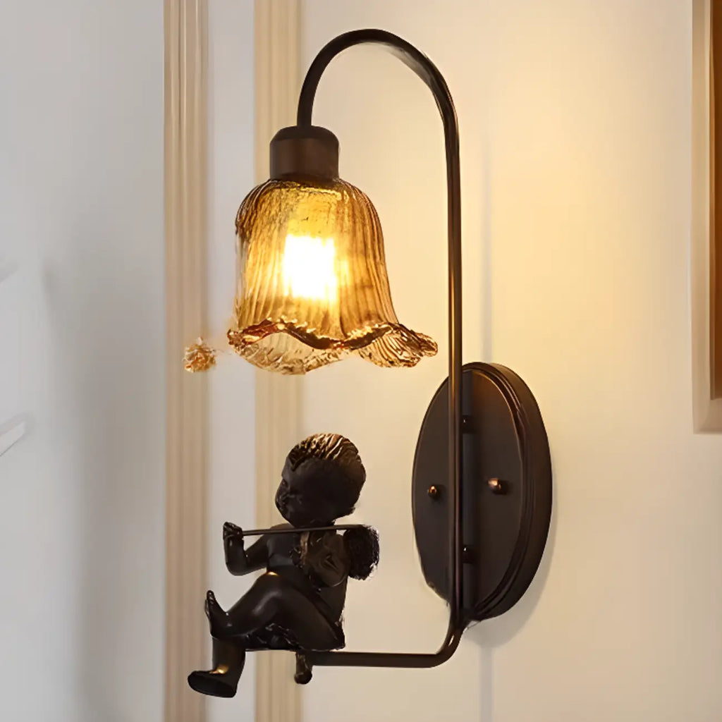 Vintage Hardwired Glass Up Wall Sconce in Amber & Metal
