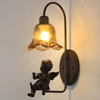 Vintage Hardwired Glass Up Wall Sconce in Amber & Metal