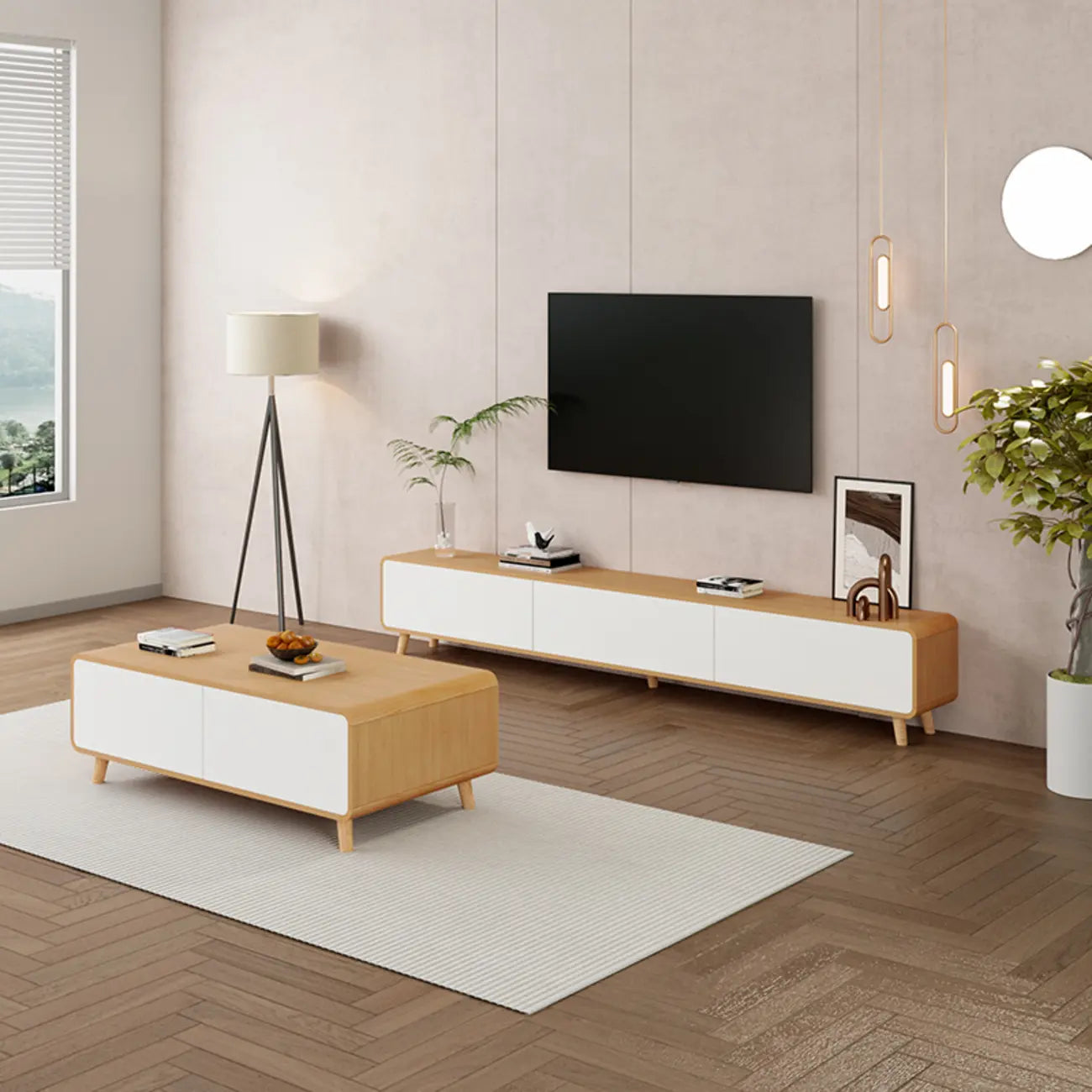 Modern Wood TV Stand with Drawers and Cable Management