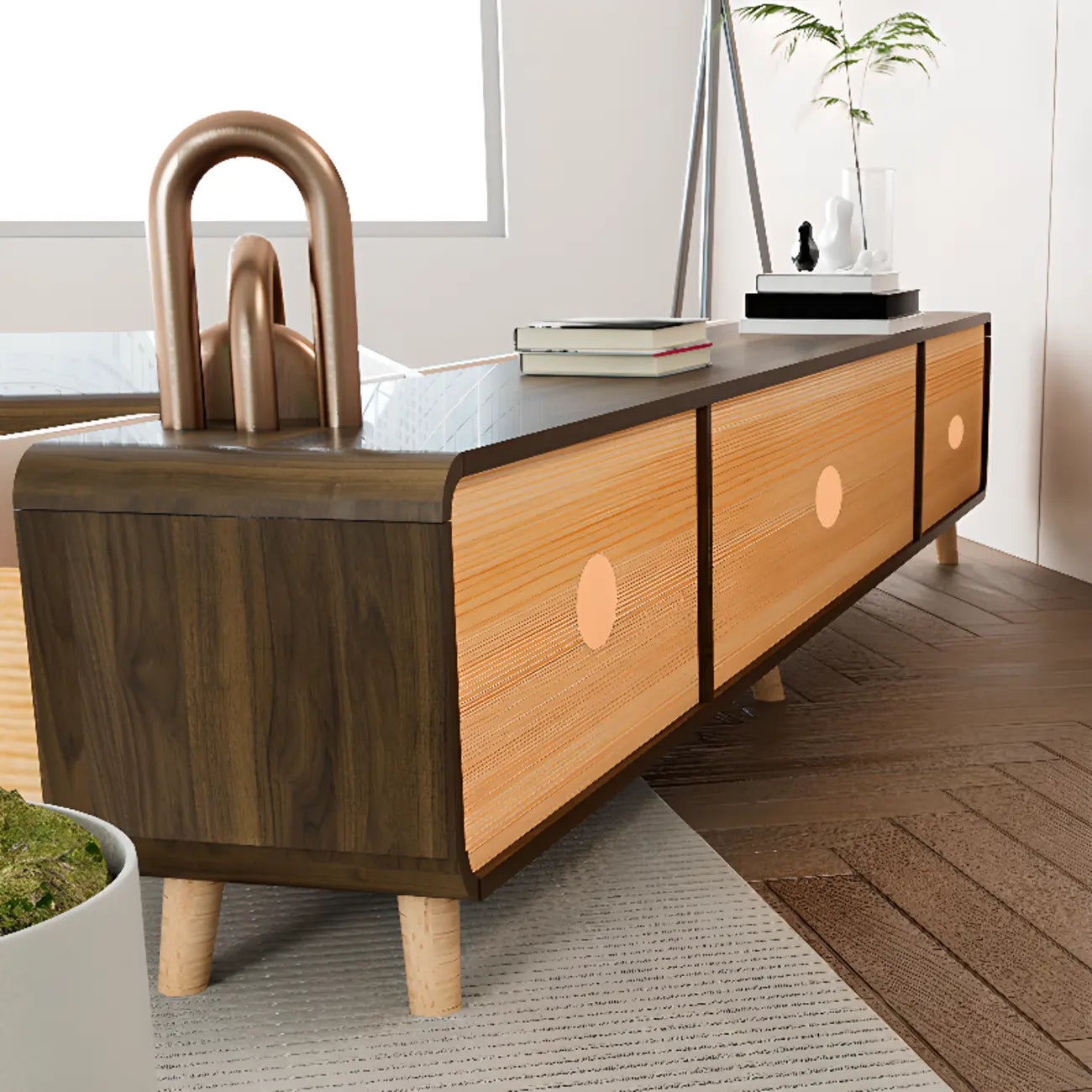 Modern Wood TV Stand with Drawers and Cable Management
