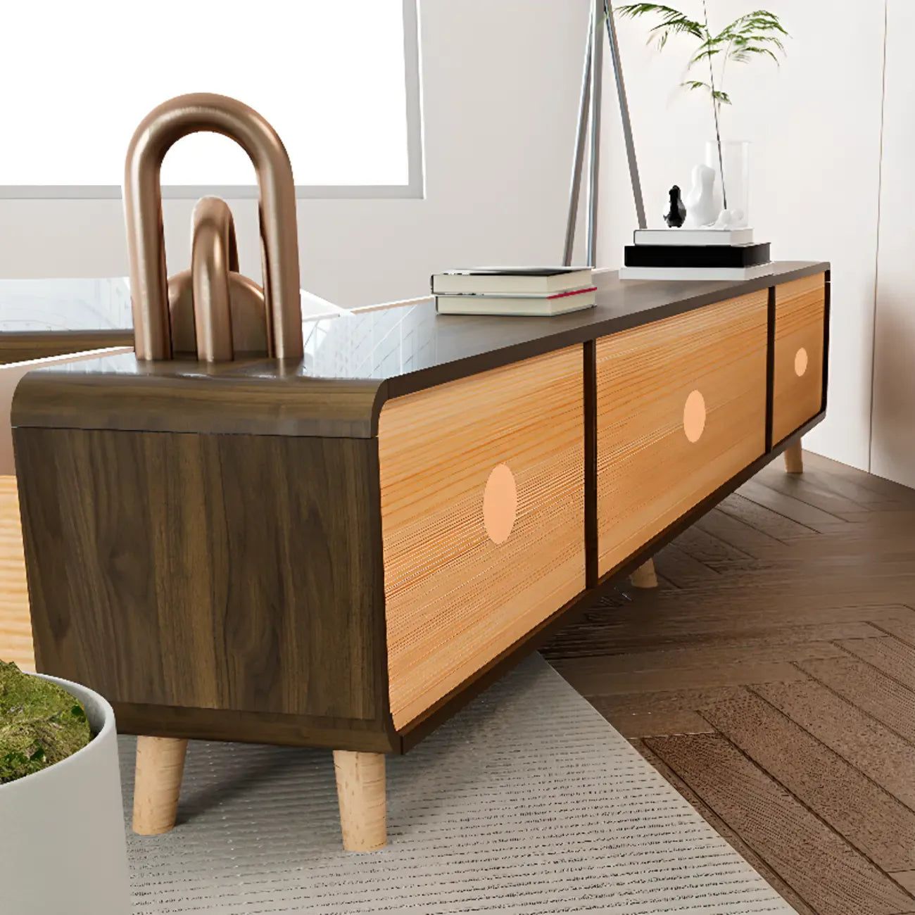 Modern Wood TV Stand with Drawers and Cable Management