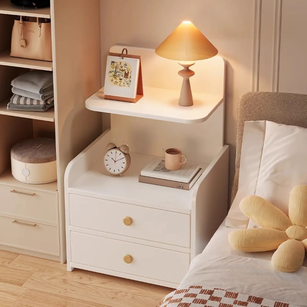 Modern Wooden Three-layer Bedside Table with Lamp Shelf
