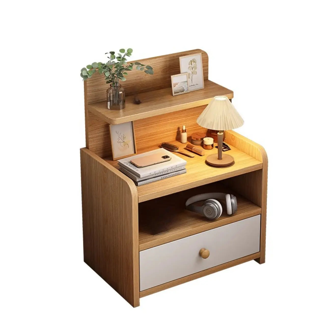 Modern Wooden Three-layer Bedside Table with Lamp Shelf