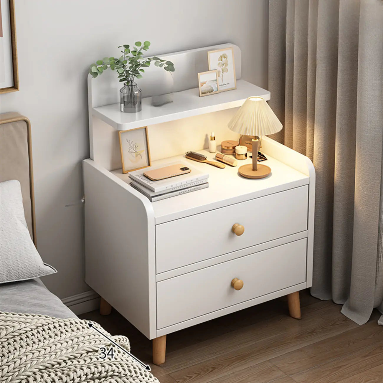 Modern Wooden Three-layer Bedside Table with Lamp Shelf