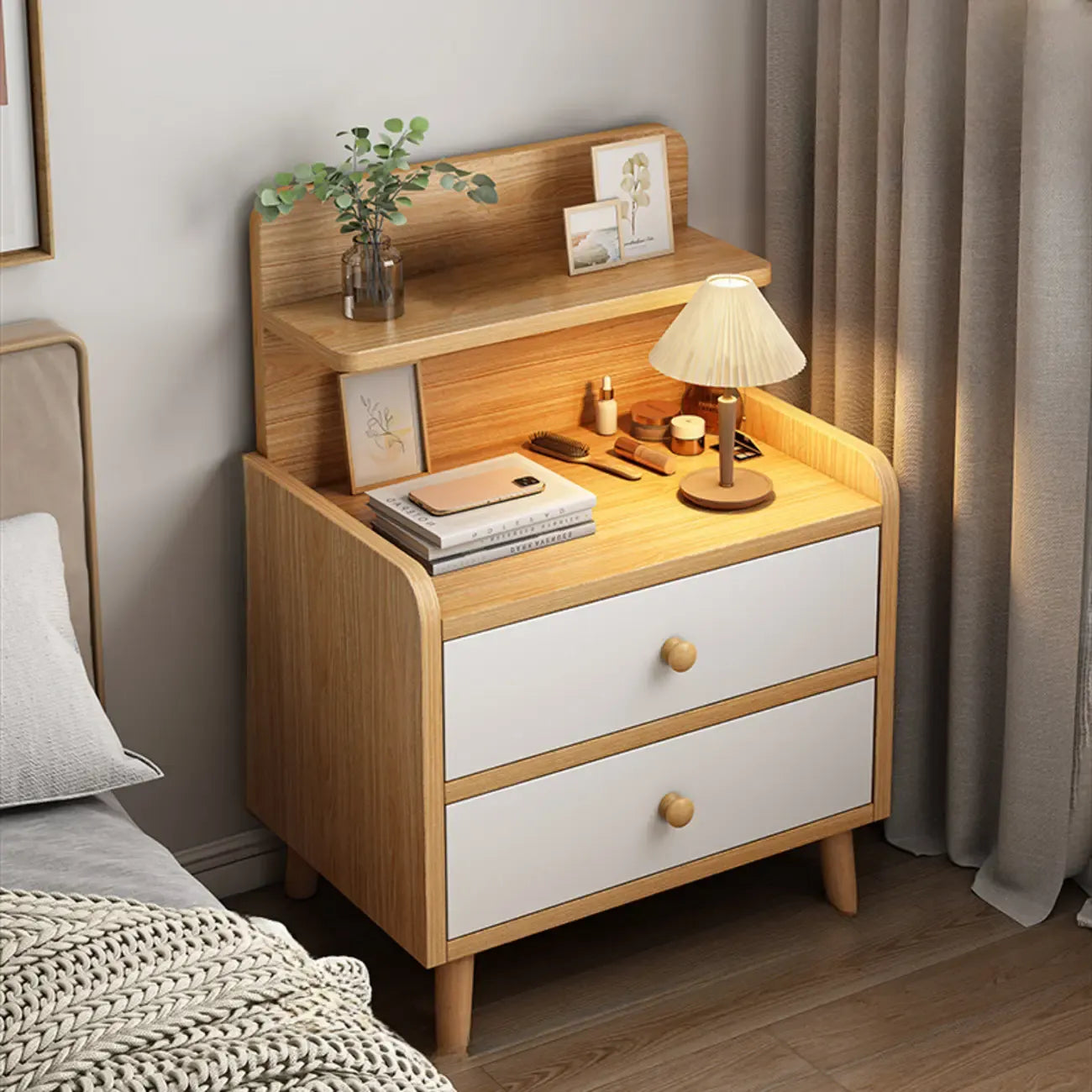 Modern Wooden Three-layer Bedside Table with Lamp Shelf