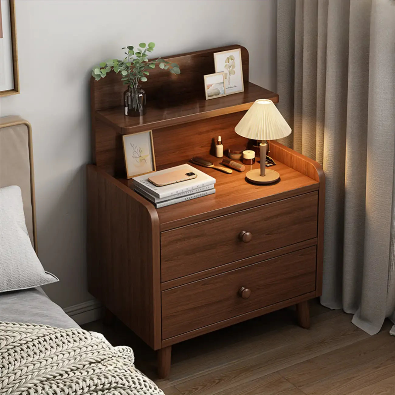 Modern Wooden Three-layer Bedside Table with Lamp Shelf