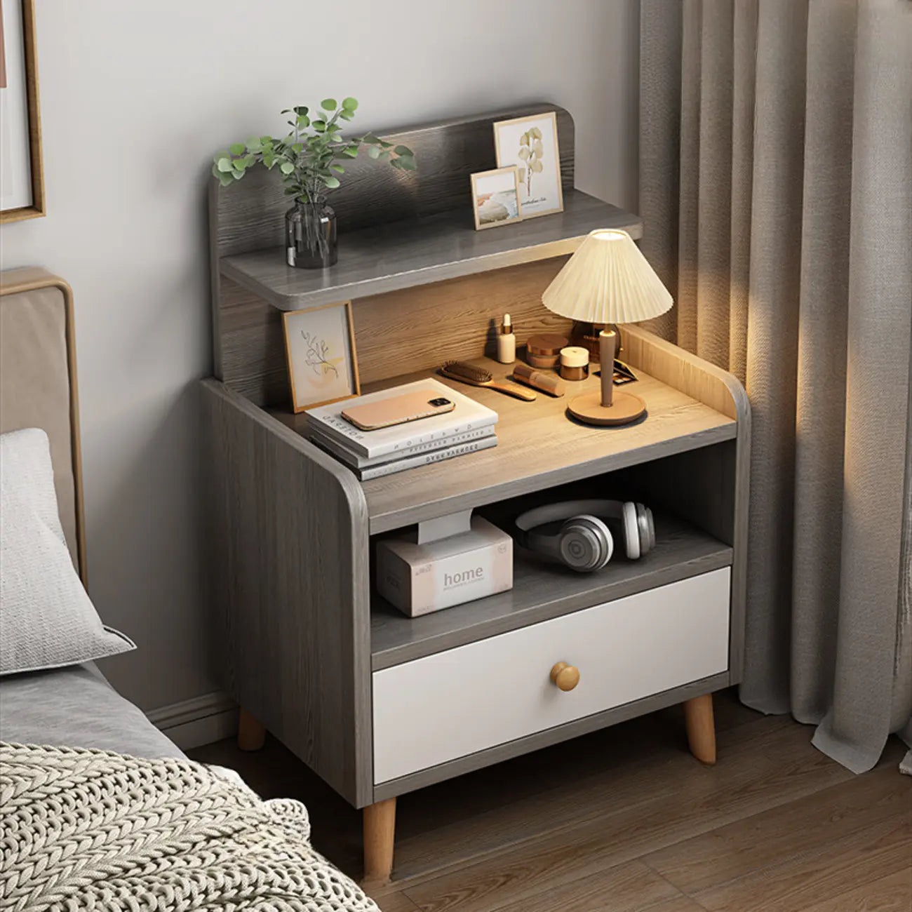 Modern Wooden Three-layer Bedside Table with Lamp Shelf