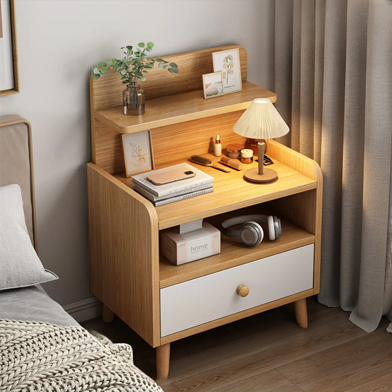 Modern Wooden Three-layer Bedside Table with Lamp Shelf