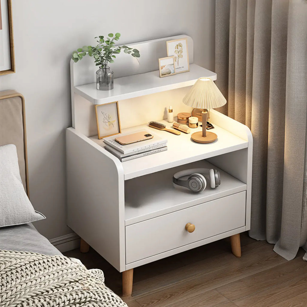 Modern Wooden Three-layer Bedside Table with Lamp Shelf