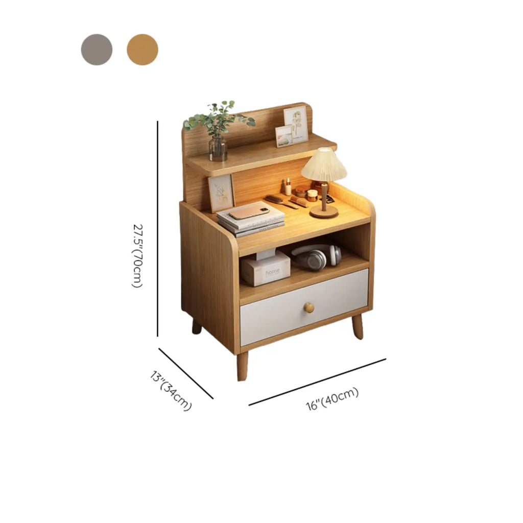 Modern Wooden Three-layer Bedside Table with Lamp Shelf