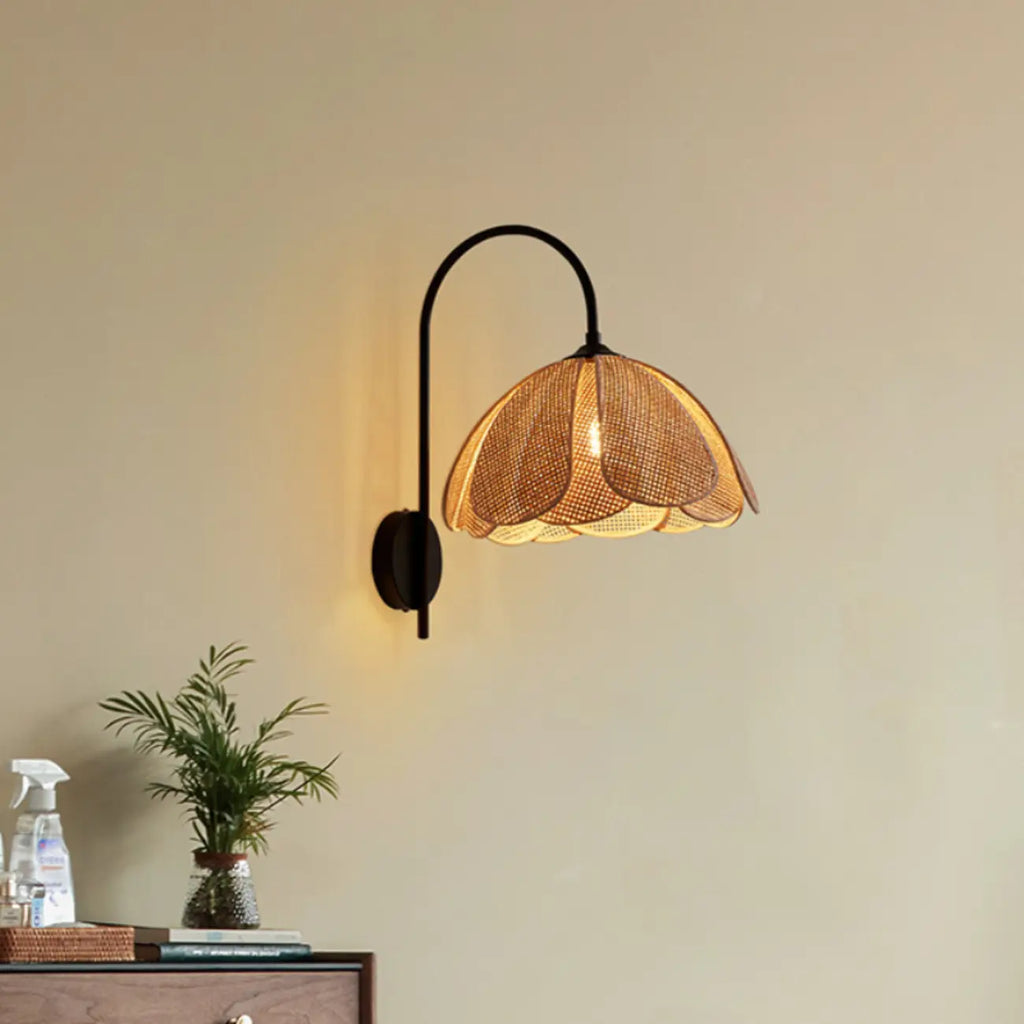 Indoor Modern Wood Rattan Gooseneck Wall Sconce Lamp