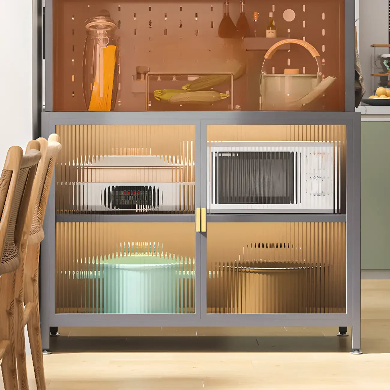 Modern Steel Multi-Shelf Sideboard with Pegboard Back